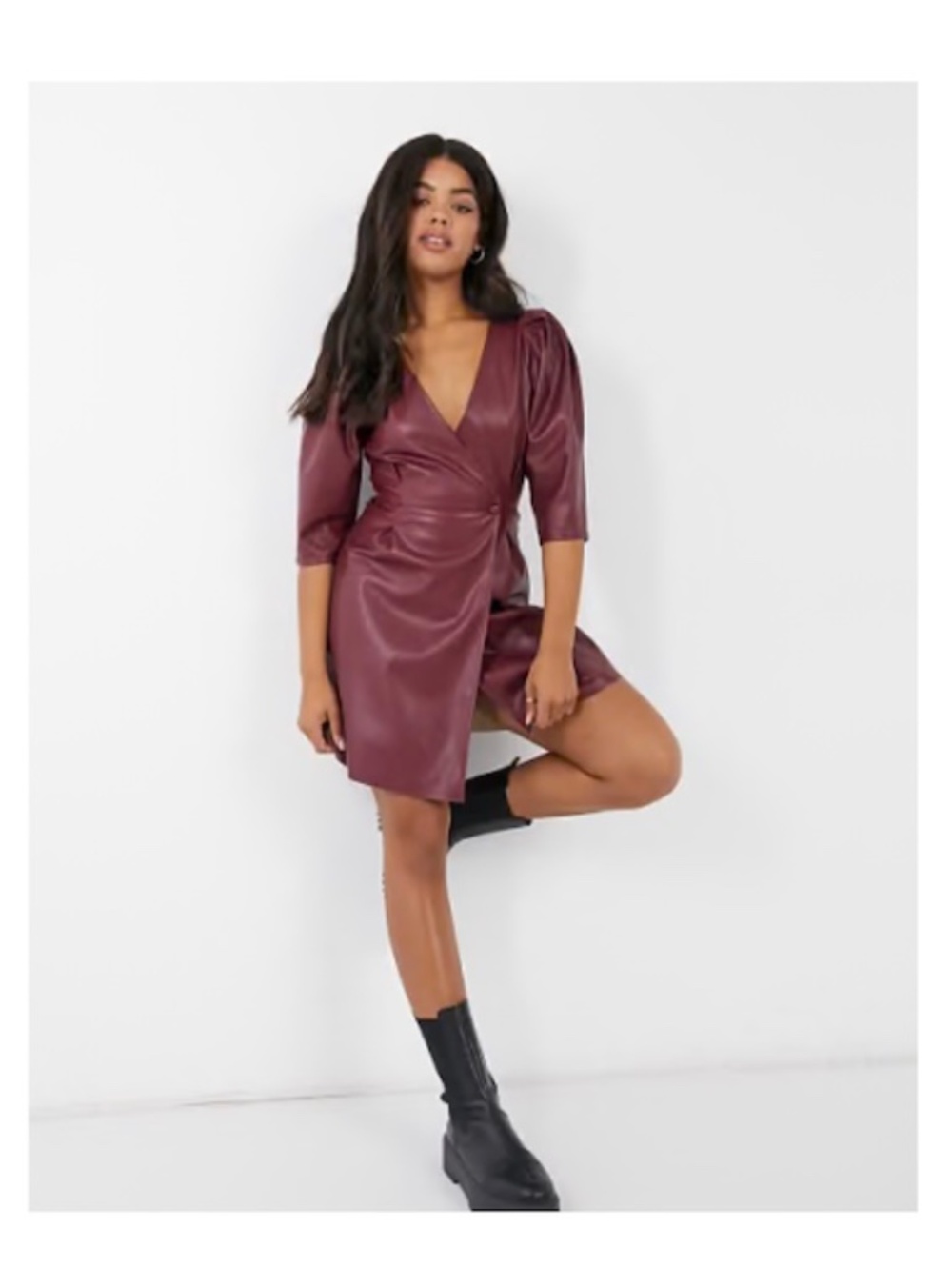 ASOS Design Faux Leather Mini Wrap Dress in Burgundy Size US6